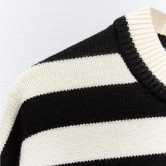 Zara | Black & Cream Striped Knit Crewneck Sweater Size Large - Picture 7 of 8